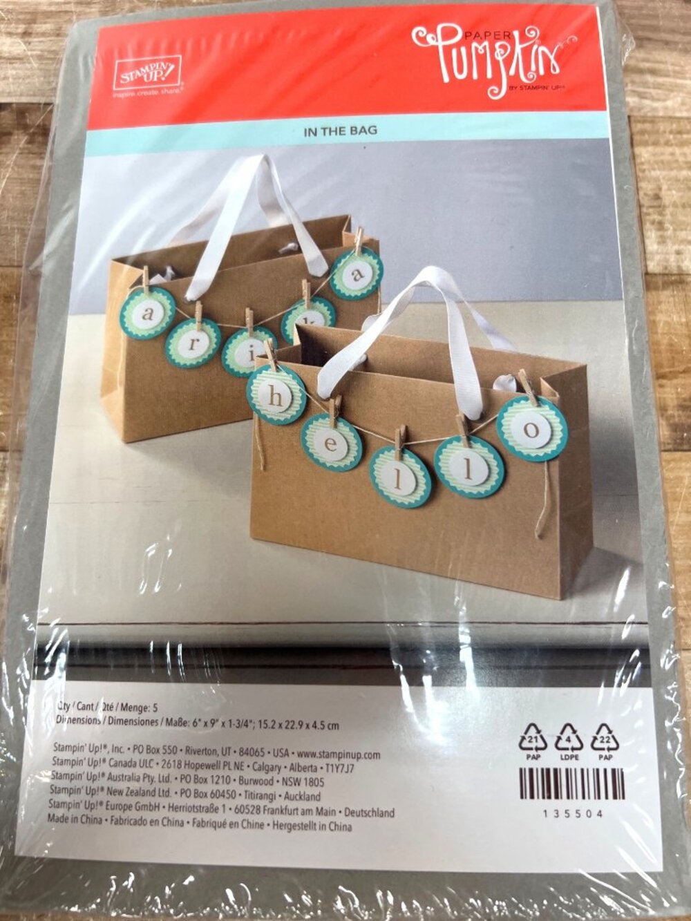 Stampin Up! Paper Pumpkin "In The Bag" Kit 5 Gift Bags Supplies 135504